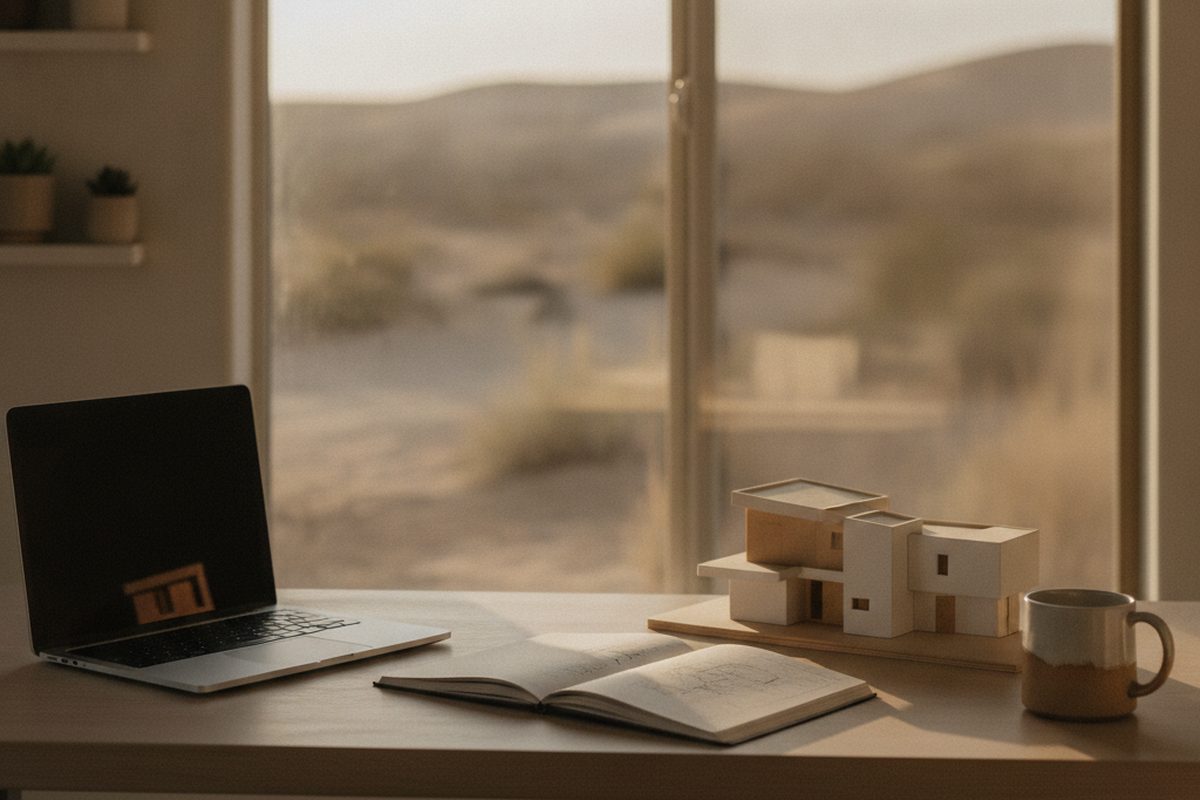 Appraiser's desk with laptop, notebook and house model in warm desert daylight