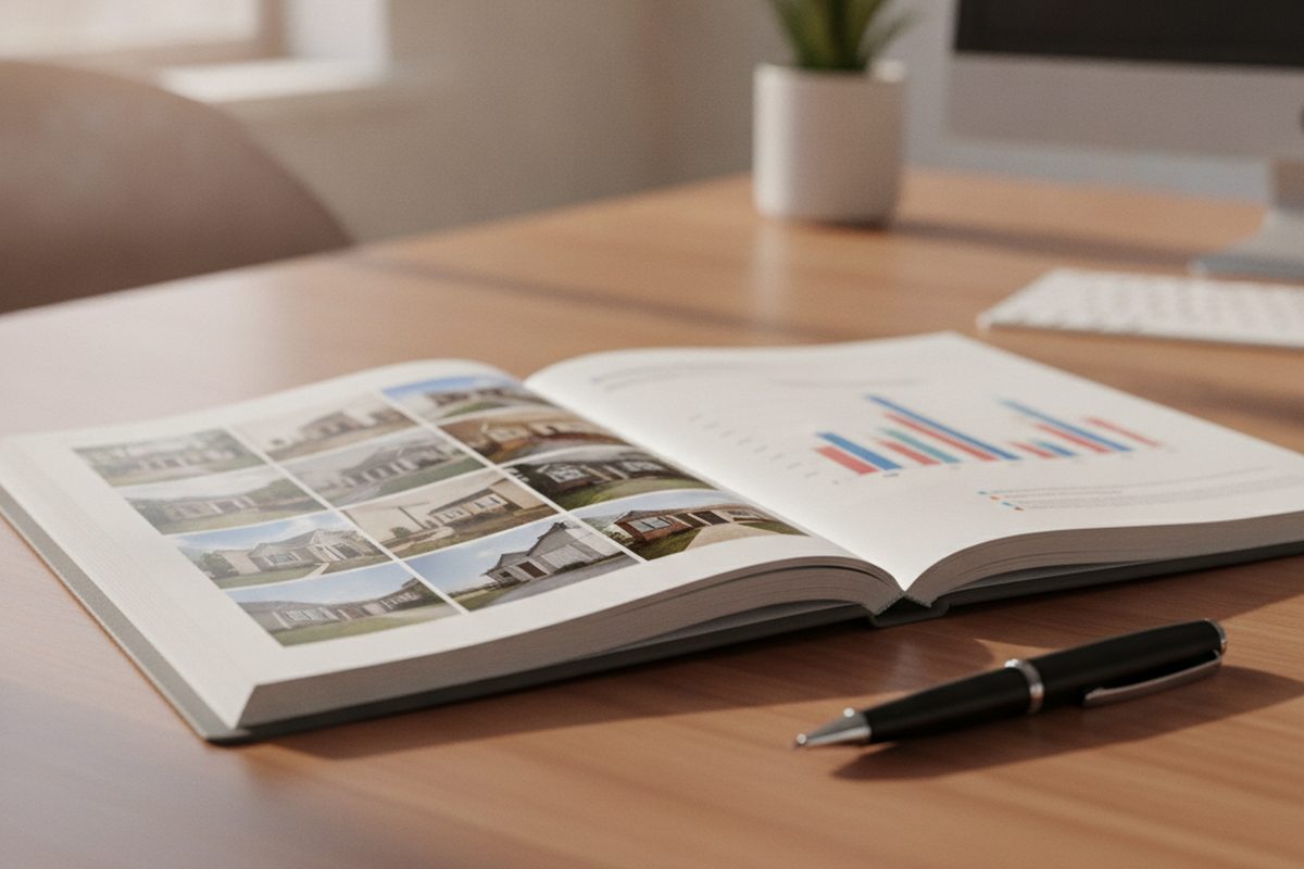 Bound residential appraisal report open to property photographs and a market analysis chart